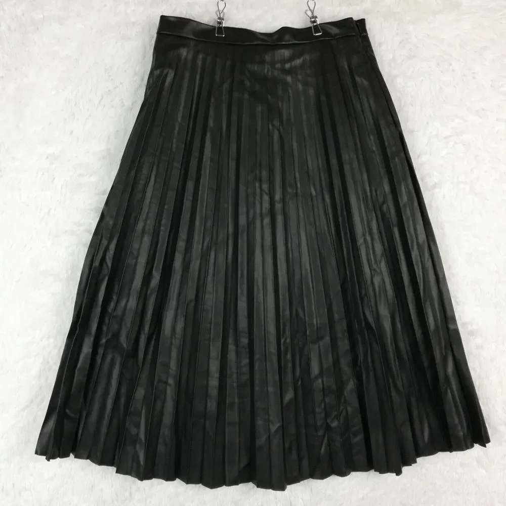 Bagatelle Womens Skirt Pleated Faux Vegan Leather Black Midi‎ Side Zip Lined S